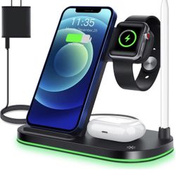 , 4 in 1 Wireless Charging Stand for Apple Watch Series SE,6,5,4,3,2,1, AirPods Pro and Apple Pencil,15W Fast Dock Charging Station for iPhone 12,11, 