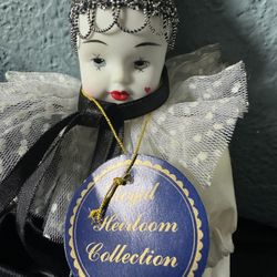 Adorable Porcelain Clown Doll Black and White With A Ruffled Suit