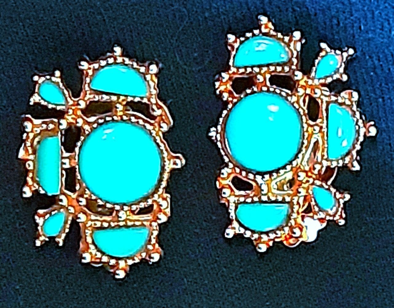 Shiny copper finished clip on earrings with thermoset turquoise plastic stones