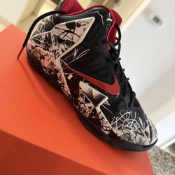 Nike LeBron 11 Black Red White Abstract High Top Basketball Sneaker (Youth Size)