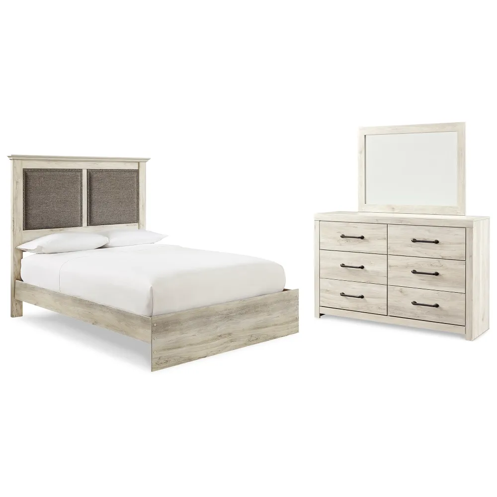 Cambeck King Upholstered Panel Bed with Mirrored Dresser Mega Clearance Sale