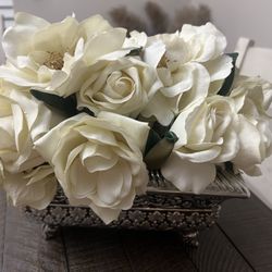 Ivory Roses In Silver Metal Vase