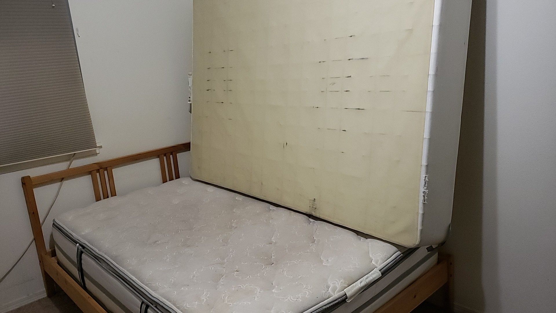 Full size mattress with base box and wodden FULL size frame . Also have bed frame for a QUEEN mattress - FREE