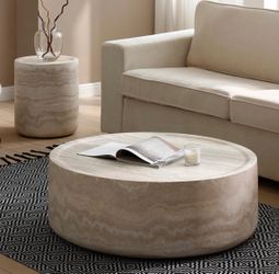 Round Faux Stone Coffee Table Side End Table Set of 2 for Living Room, Modern Contemporary Circle Drum Style, Fiberglass Material, No Assembly (Mars T