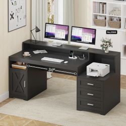65'' Farmhouse Computer Desk with Drawers, Home Office Desk with Power Outlets, Storage Cabinet and Printer Stand, Study Writing Desks with Long Monit