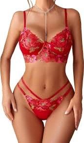 XXL Women red Floral Embroidery Underwire Lingerie Set Set Sexy Bra and Panty Set