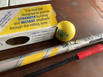Baseball/softball training devices including Champro hitting stick, Sklz batting practice bat and 2 weighted training balls All one price