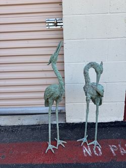 Vintage Pair of Patinated Bronze Crane Garden Statues