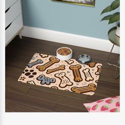 Dog Food Mat 12"x18" – Cute Bones Design Pet Bowl Placemat – Non-Slip & Waterproof Feeding Pad