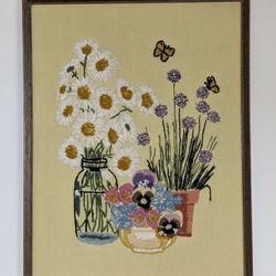 Embroidery hand-stitched crewelwork wall art - wood frame - 19.5” x25.5”