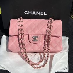 AUTHENTIC PINK CHANEL FLAP BAG WITH ORIGINAL RECEIPT