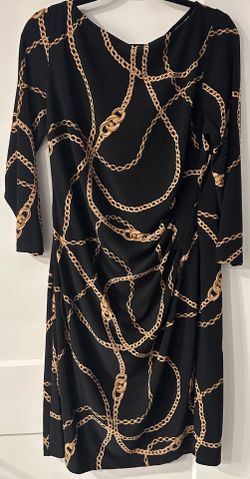 Lauren Ralph Lauren Black Gold Chain Dress Ruched Cinched Waist Size 16