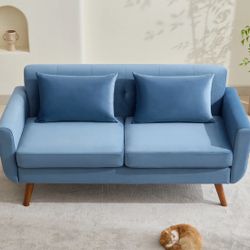 Brand New Russian Blue Sofa – Modern 2-Seater Couch w/ Wood Legs