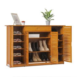 Gabinete de almacenamiento de zapatos de bambú con 2 puertas dobles y 1 cajón para 26-30 pares de entrada, pasillo, sala de estar, dormitorio, color m