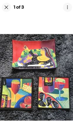 Colorful Wine-Themed Decorative Plate and Coaster Set