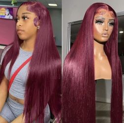 34 Inch 99j Straight Human Hair Lace Wig