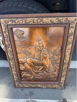 Vintage 3D Wall Hanging Art Embossed Copper Hindu God Lord