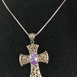 Antique Silver Religious Cross With Purple Stone 23 Grams