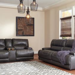 McCaskill Gray Leather Power Recliner Living Room Set

