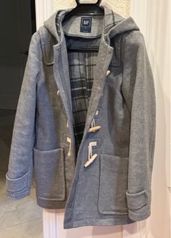 Gray Wool Blend Hooded Duffle Coat with Toggle Closure - Size S