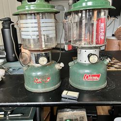 2 White Gas Coleman Lanterns One With Shield Is A Vintage 220F Model Second One Is A Standard Model 220 H