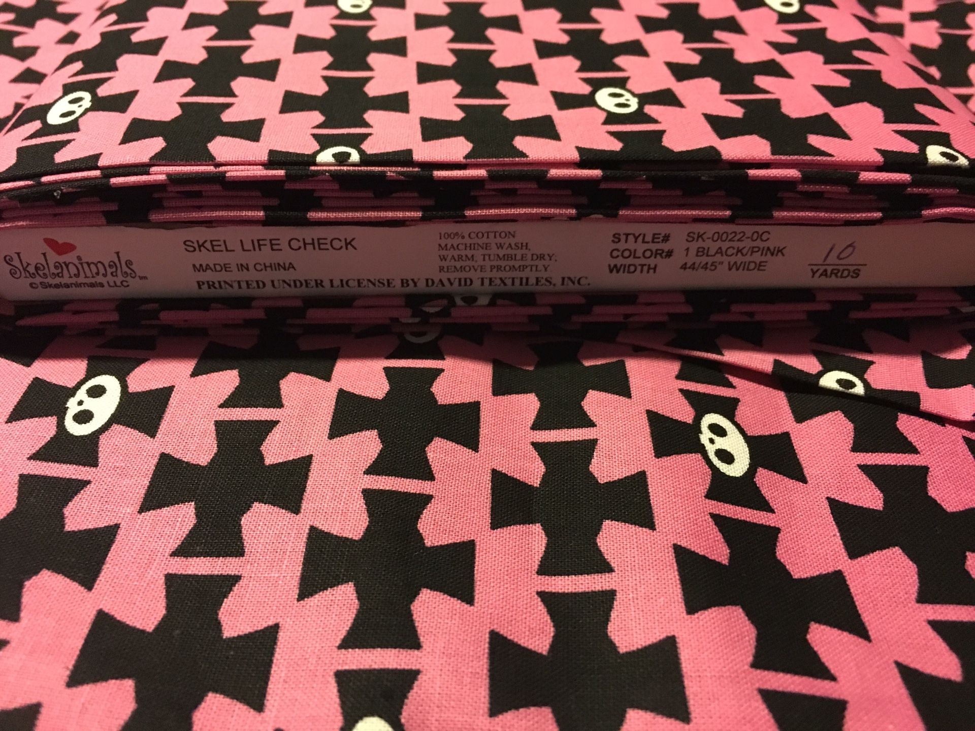 Skelanimals Iron cross Skull black & pink cotton fabric price per yard