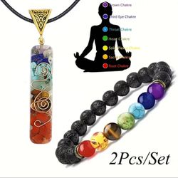 2pcs/set Seven Chakras Yoga Colorful Stone Pendants Necklace, Volcanic Stone Bead Bracelet For Men Jewelry Set