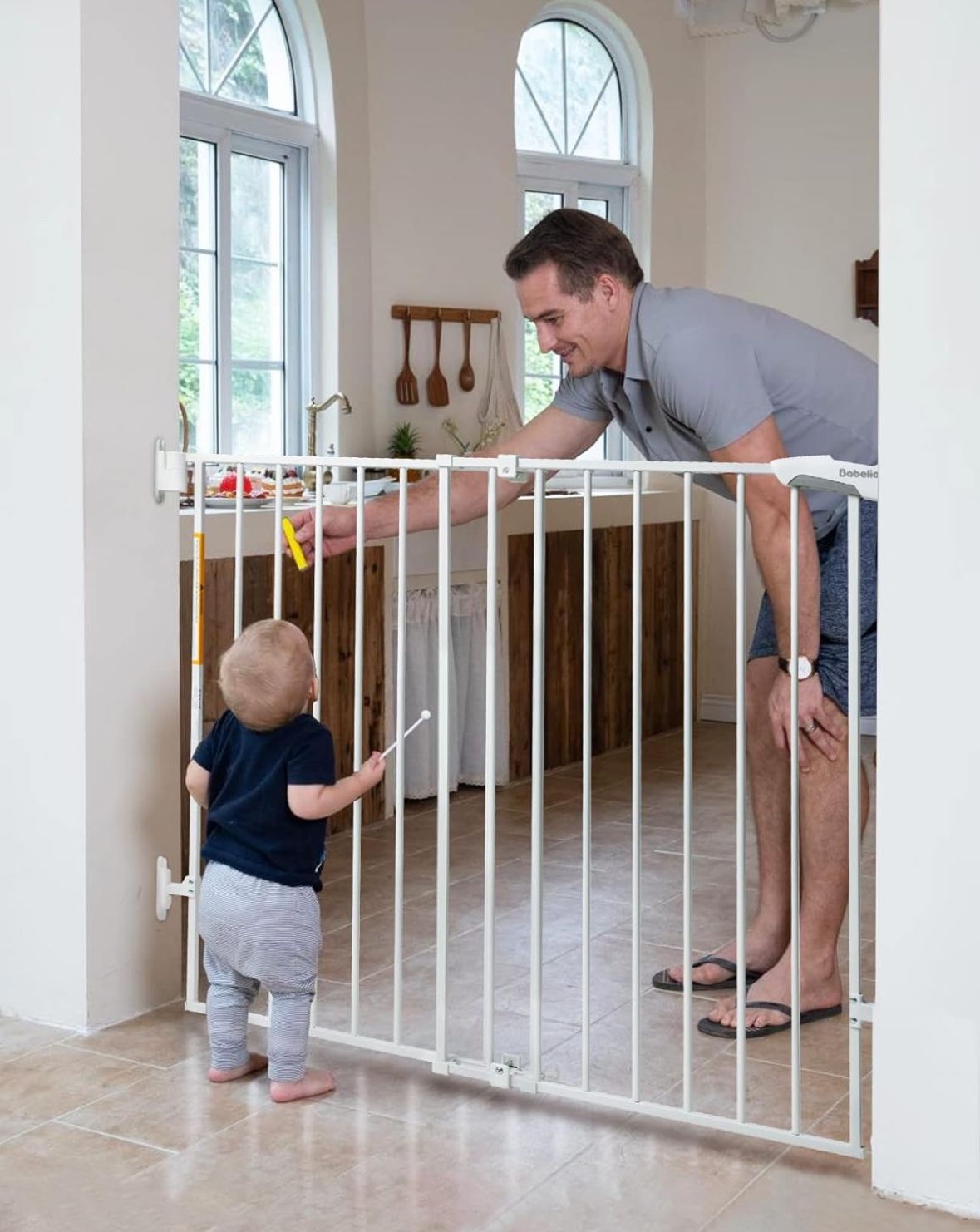 Babelio 34" Extra Tall Baby/Dog Gate with No Threshold Design Walk Thru Door, 26-43" Auto Close Safety Gate for Babies, Elders and Pets, Fits Doorways
