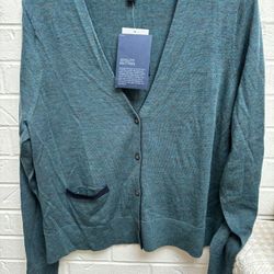 Lands End Women’s NWT Dark Washed Merino Wool Teal Heather Vneck Cardigan