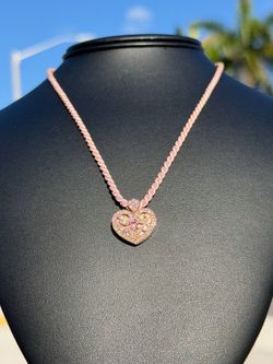 Kronen 18k Solid Rose Gold Diamond Pink Sapphire Heart Pendant Charm & Pink Rope Chain Necklace 17.5” 5mm