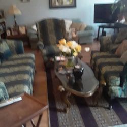 Green With Beige Stripes. Sofa, Loveseat, Chair, And Coffee Table.