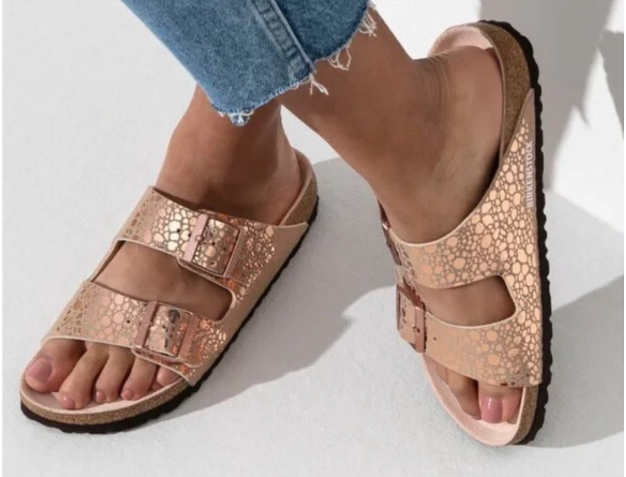 LIGHTLY WORN: Birkenstock Arizona Metallic Stones Copper Birko-Flor Sandals 38