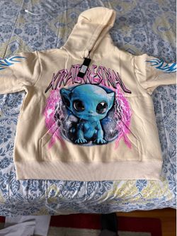 KDNK Mens Cream Hoodie with Blue Alien Graphic by XTRAPLESTRL