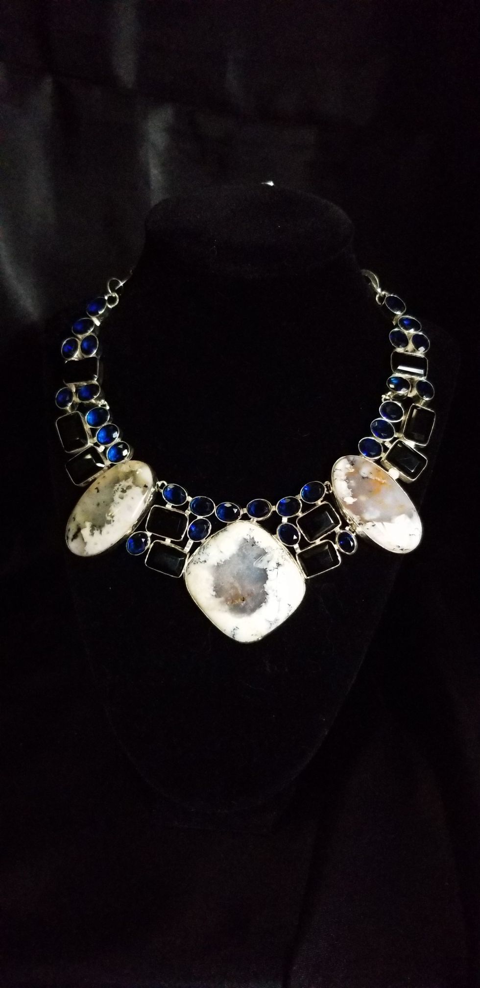 XL Dendrite Opals/Obsidian And Simulated Sapphires Necklace