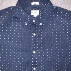 J Crew Vintage Size Large Shirt Long Sleeve Navy Blue White Polka Dots Stretch 😎