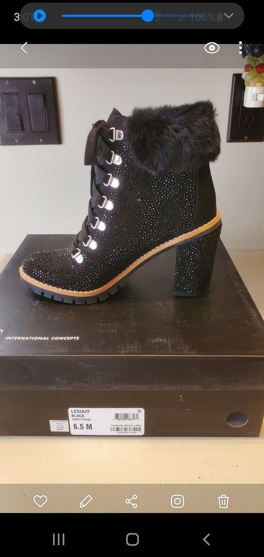 INC Sparkling Rhinestone Booties Faux plush fur