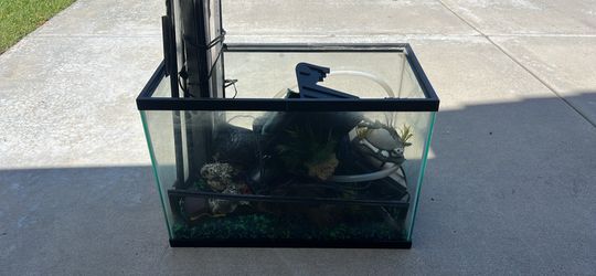 20 gallon tall aquarium with decor, lights, filter,  substrate and bubbler