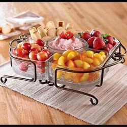 1980's Princess House® #593 FANTASIA® 8-Piece Chip & Dip Set includes 2-piece Metal Holder