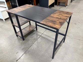Rustic Top Desk with Side Shelving and Black Metal Frame