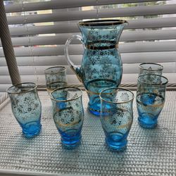 Vintage Glass Pitcher And Glasses 