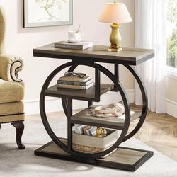 New Grey Small End Table 4-Tier Narrow Side Table Storage Shelves, Industrial Wood Metal Frame
