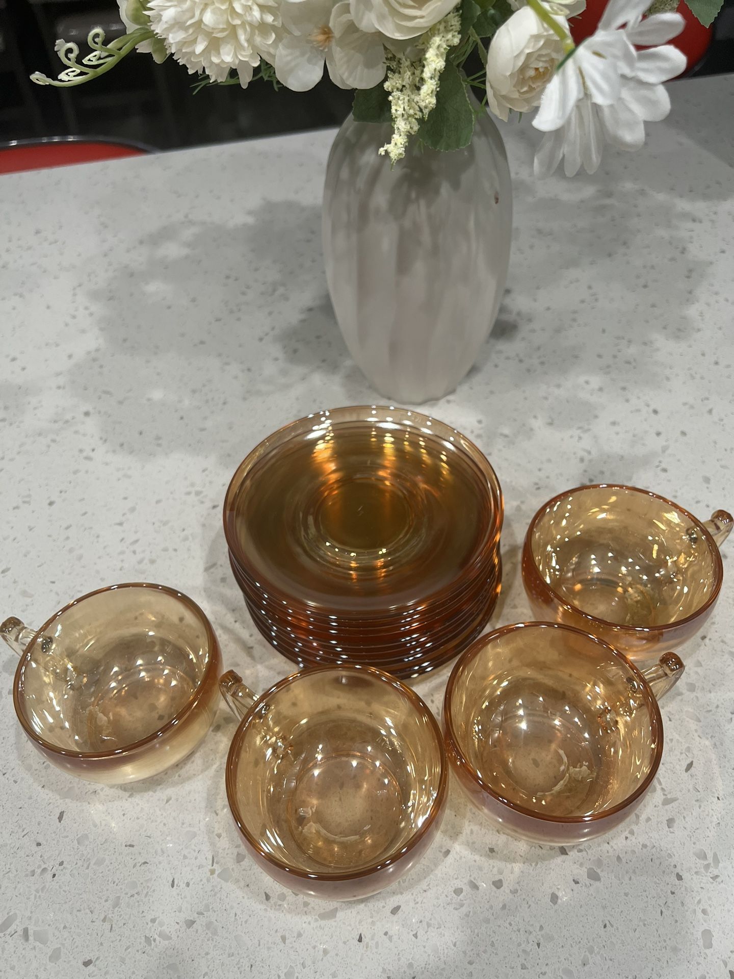 Vintage Set of 4 Peach Luster Glass Mugs & 9 Plates