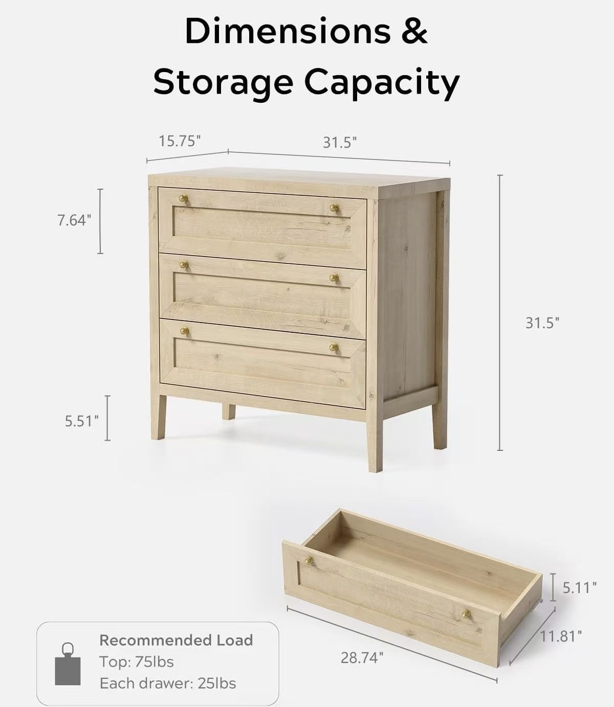 🥨3 Drawer Dresser for Bedroom, Modern Chest of Drawers with Golden Handles, Wood Tall Nightstand, Storage Dresser Cabinet Side Table for Living Room