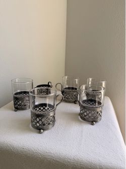 Vintage Glass Tea Cups with Silver-Tone Filigree Holders - Set of 6