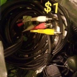 Assorted of cables coax DC Transformers HDMI cable RCA cables USB cables, Mini USB chargers, Ethernet cables, Phone Bin #4 Shed