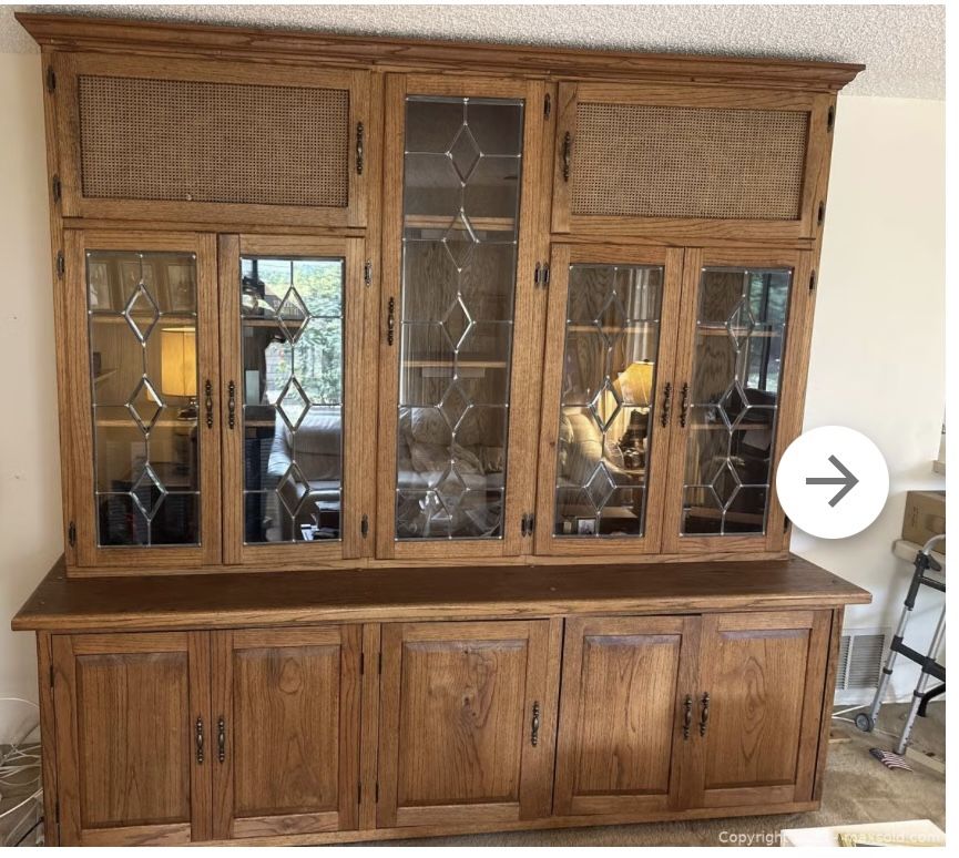 Large Oak Wood Hutch Cabinet With leaded Glass
