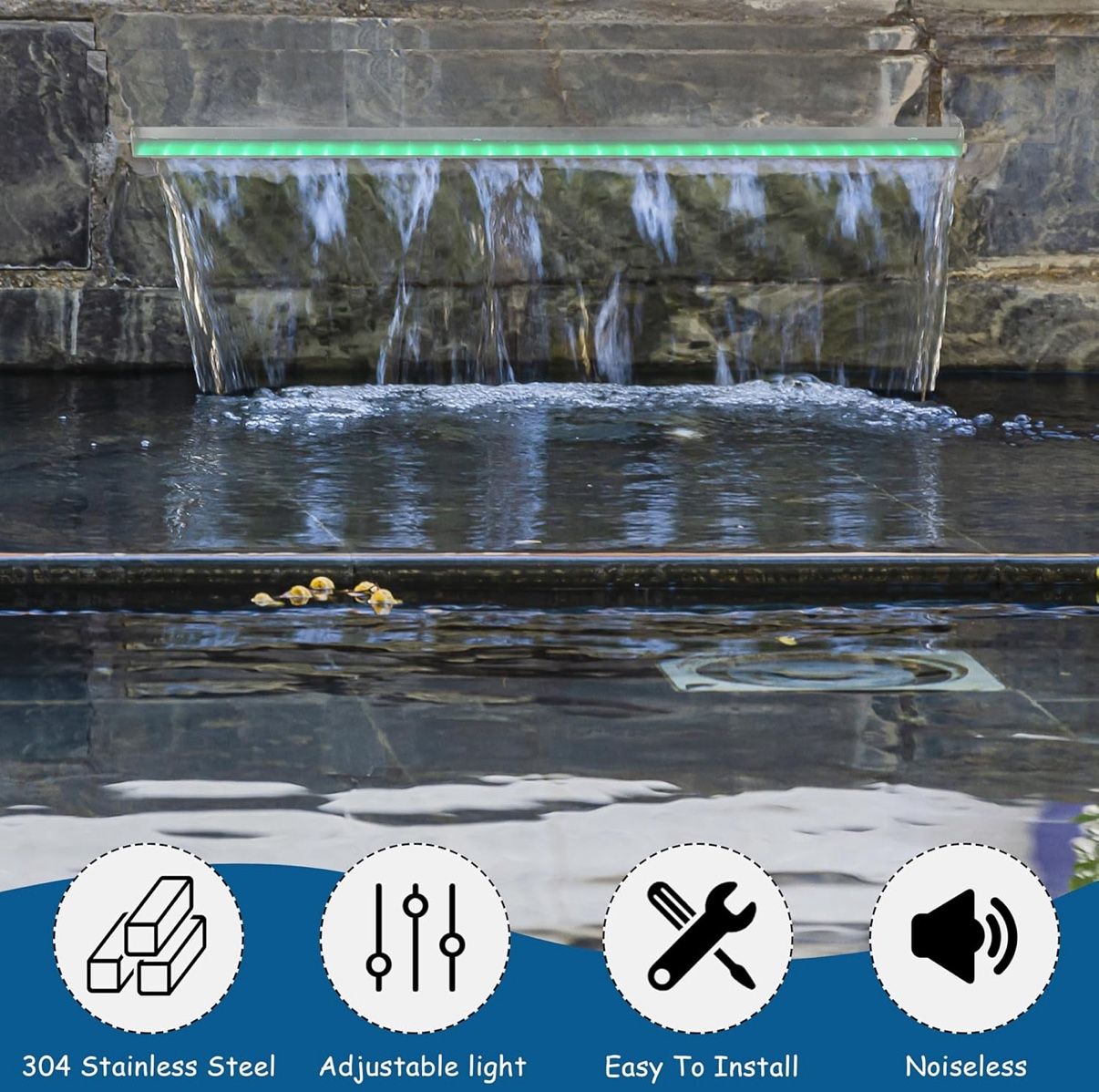 19.6 Inch Pool Waterfall Spillway, Stainless Steel Pond Waterfalls with Multi Color-LED Light (New)
