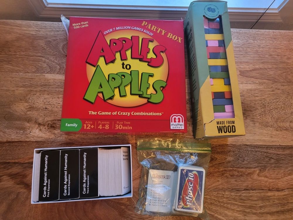 Game Bundle - Apples To Apples, Colorful Jenga, Phase 10, Cards Against Humanity