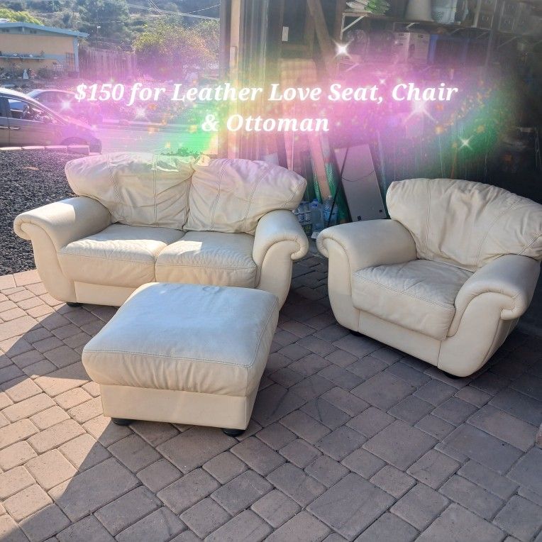 White Leather Love Seat / Sofa, Chair And Ottoman
