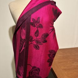 New Pashmina Shawl Wrap Silk Blend Magenta/black Floral Print 2-sided